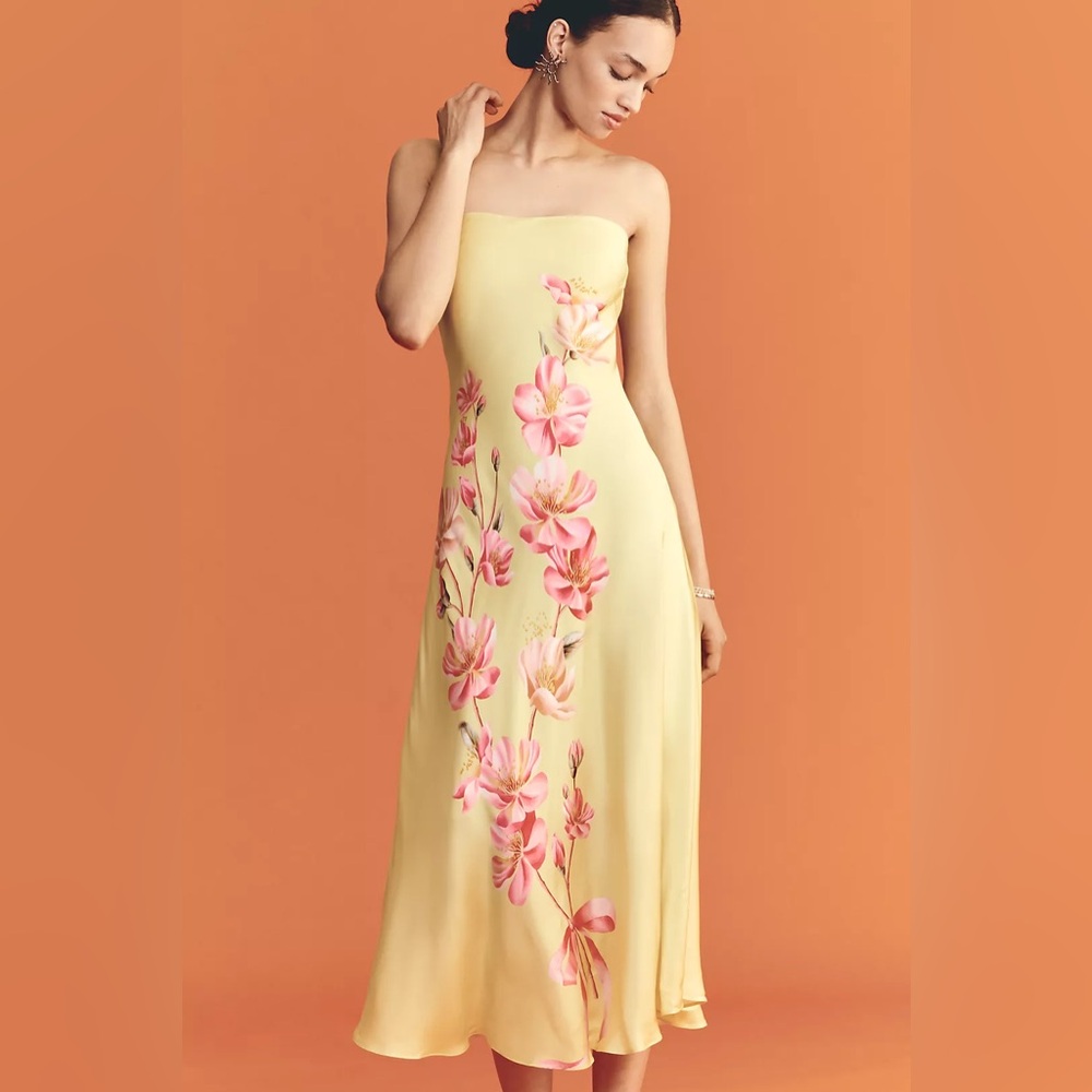 Farm Rio x Anthropologie Strapless Floral Silky Printed Midi Slip Dress